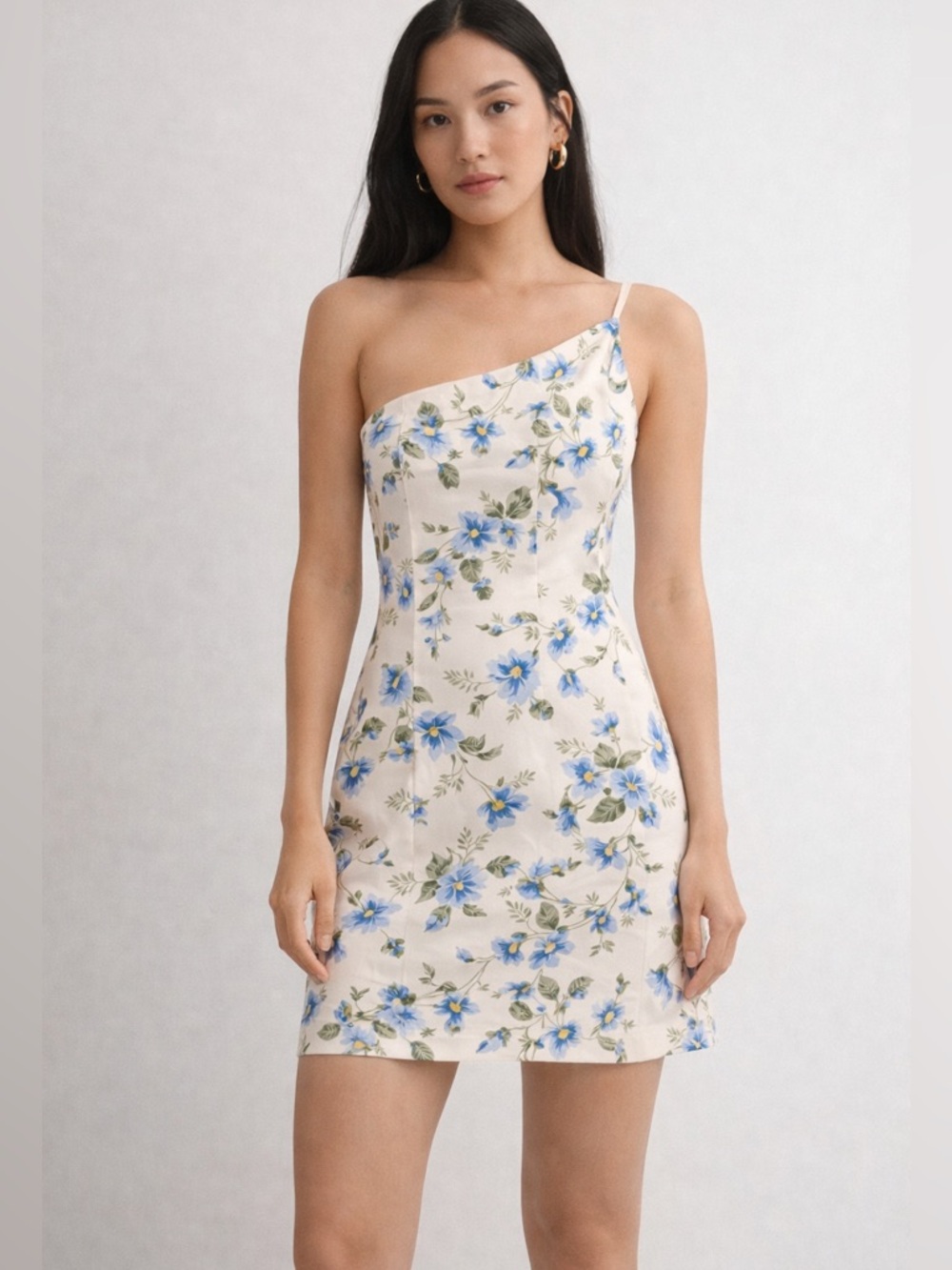 Kookai Cream One-Shoulder Floral Mini Dress with Blue Blooms